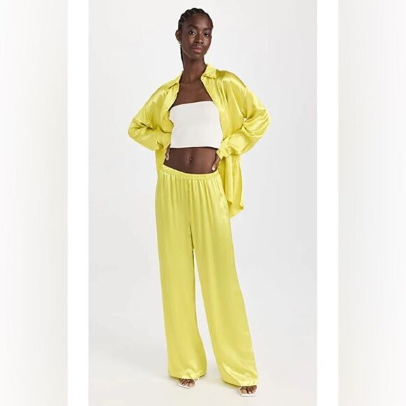 Enza Costa Sold Out Satin High Waist Wide Leg Pull On Pants in Acid Green size S - Picture 4 of 13